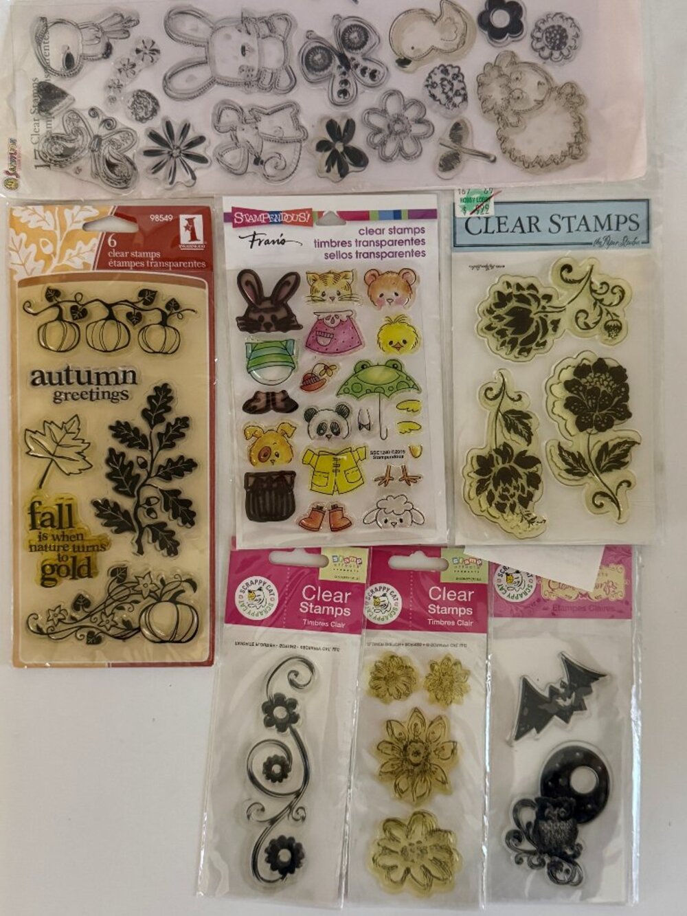 7pc Clear Stamp Lot - Autumn, Floral, Cute Animals Craft Destash